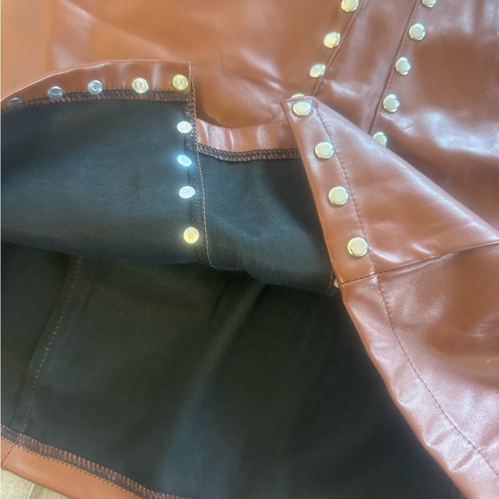 Brown PLeather Mini Skirt funky pencil skirt faux leather size L - Picture 2 of 9